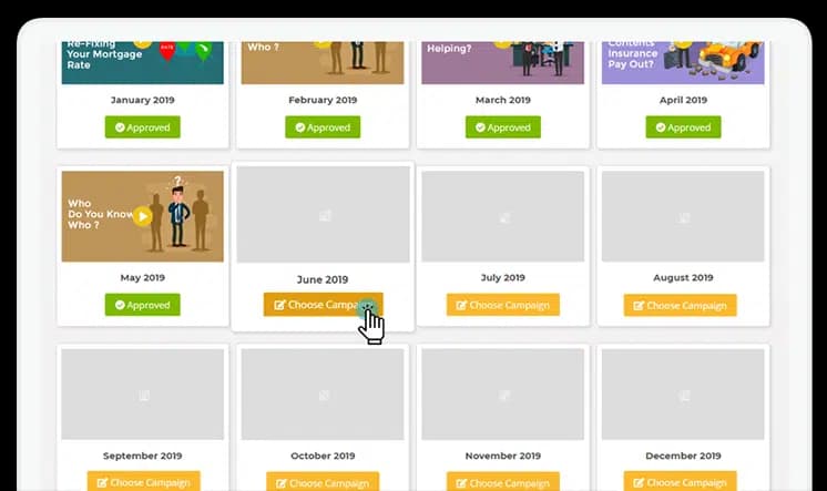 The twelve month planner, showing a grid of month cards with either an approved campaign or a choose campaign button.